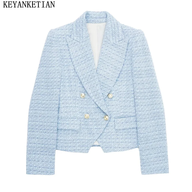 

KEYANKETIAN New Autumn Wome's Textured Woven Suit Commuter Style Stylish Double Breasted Tweed Azure Short Pads Outerwear