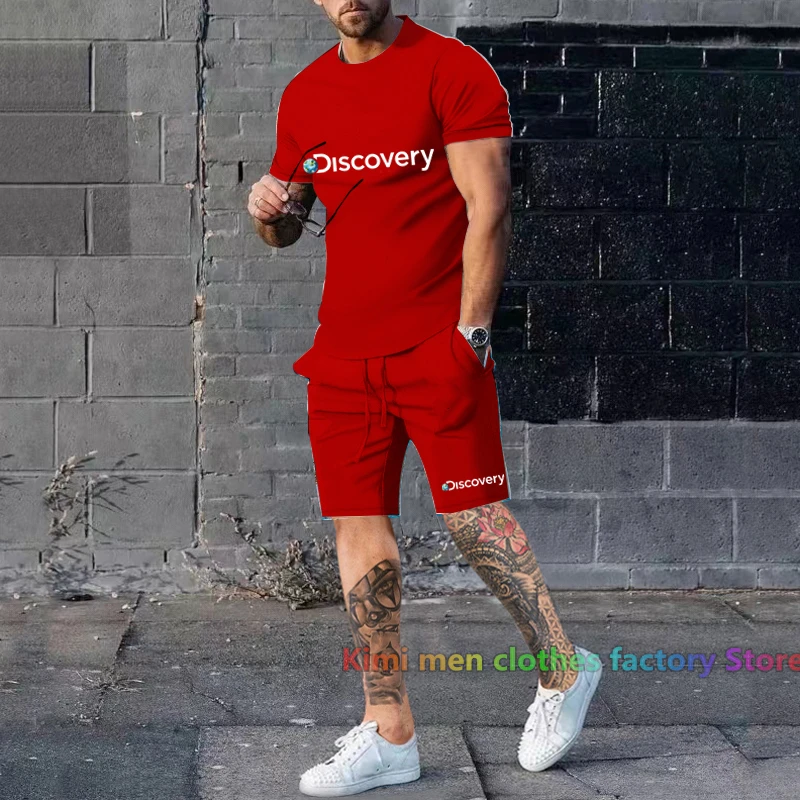 Discover Print men Short Outfits set Summer tshirt set Men Short Sleeve T-shirt Shorts Tracksuit Jogging suit Cotton 2 piece set