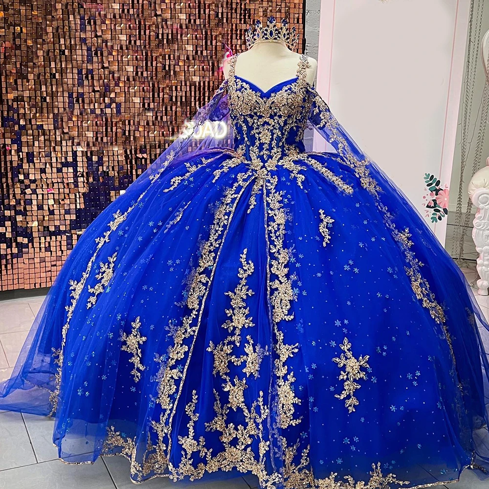 

Royal Blue Quinceanera Dresses Mexican V-Neck Applique Long Ball Gowns With Cape A-Line Lace Up Exquisite Vestidos De XV Anos