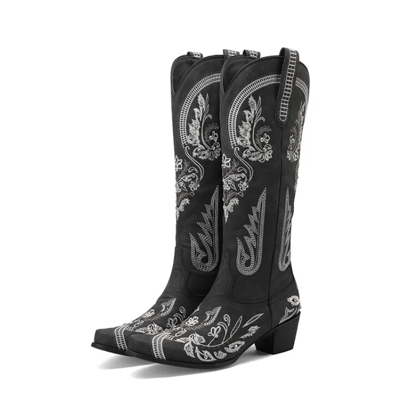 Embroidered Knight Boots Women's Thin Retro Sleeve Western Cowboy Boots V-cut Knight Boots Brown Mid-calf Doc Martens  A-0030