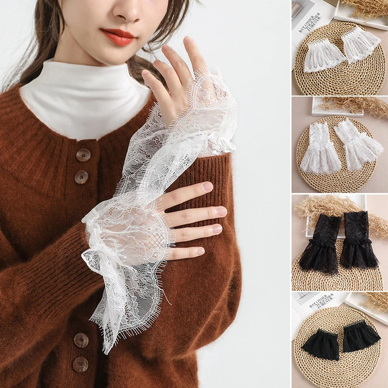 

1 Pair Women Elbow Sleeve Cuff Arm Cover Fake Flared Sleeves Double Layer Lace Pleated False Cuffs Sweater Blouse Wrist Warmers