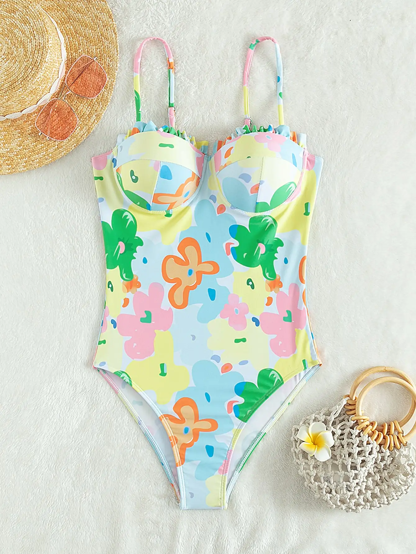 

Floral Frill Trim Push Up One Piece Swimsuit Women Bodysuit Summer Beach Bathing Suit