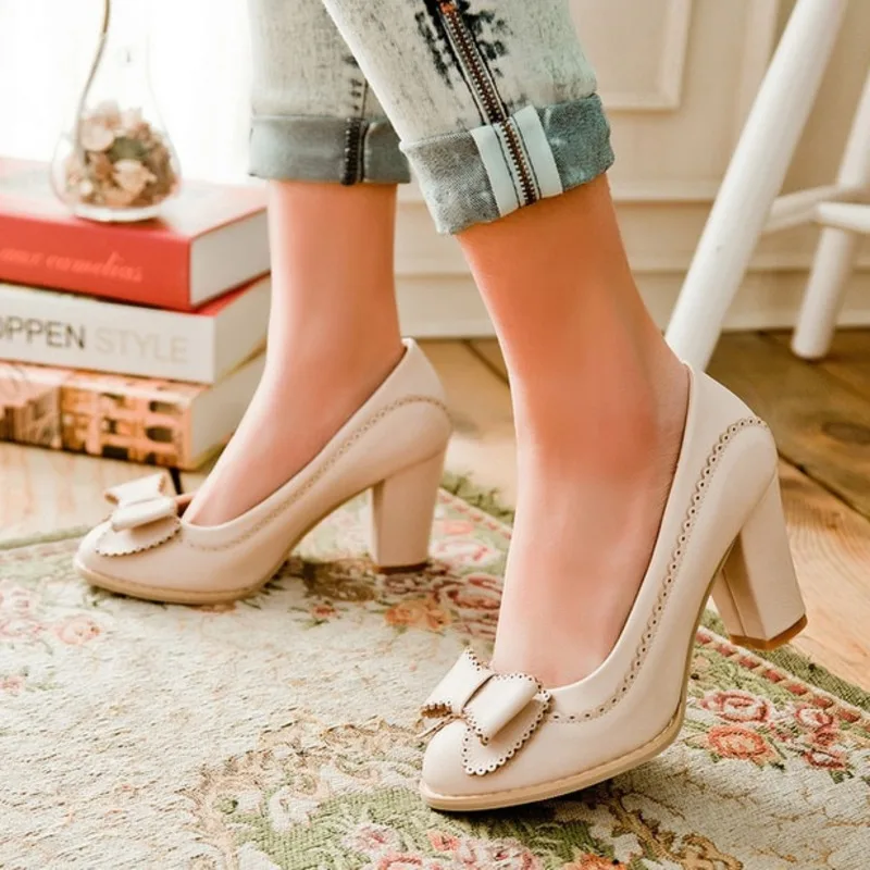 

2022 Spring New Women's Shoes Pink Green Pumps Thick Heel Round Toe Bowknot Sweet Slip On High-heeled Women Single Shoes