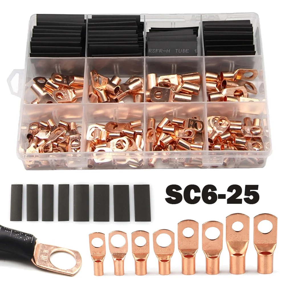 

260PCS Copper Ring Lug SC Bare Copper Splice Crimp Terminal Welding Terminal Electrical Wire Connector Heat Shrink Tube Kit