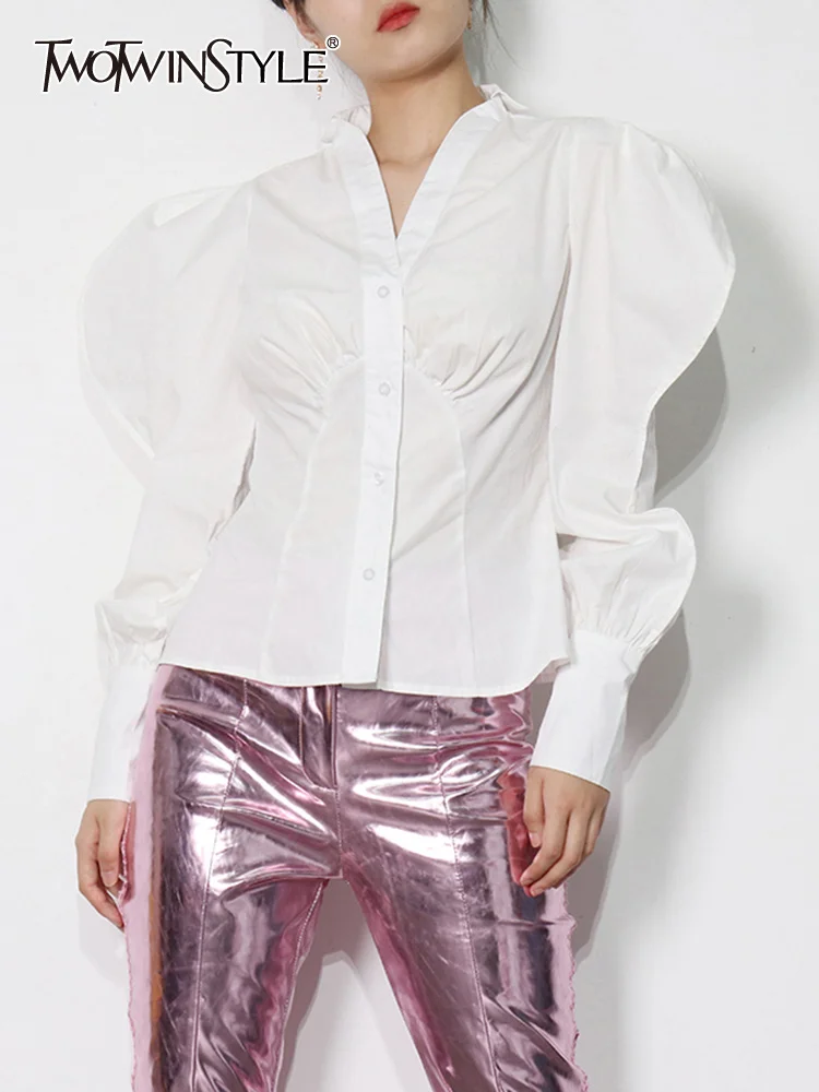 

Женская блузка с длинным рукавом TWOTWINSTYLE, белая блузка с v-образным вырезом, повседневная, весенняя