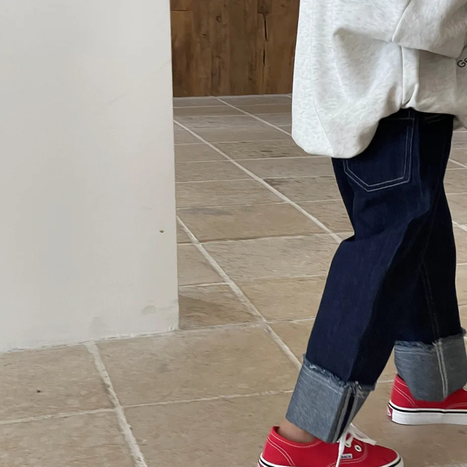 Korean style children loose casual straight jeans Autumn Boys and Girls crimping Wide leg denim pants