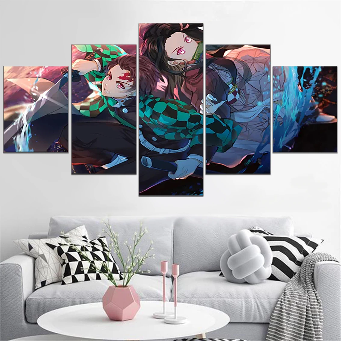 

Demon Slayer Tanjiro Kamado Nezuko Kamado Poster Anime Painting HD Pictures Modern 5 Panel Canvas Print Wall Art Room Home Decor
