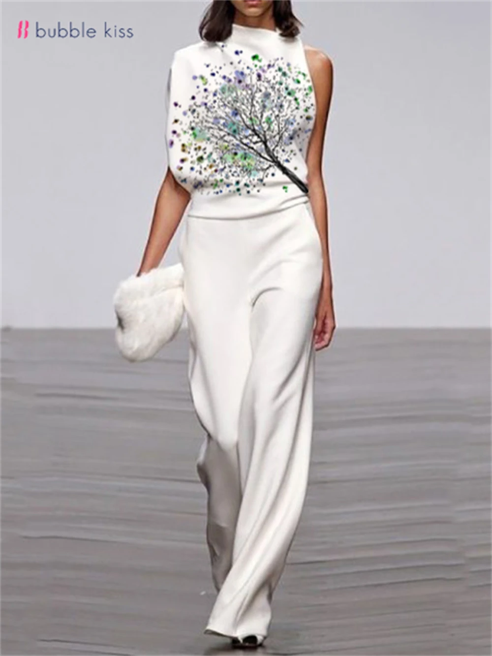 BubbleKiss Summer Fashion Women Jumpsuit Human Head Abstract Print Wide Leg Pants Elegant Office Lady Female Jumpsuit