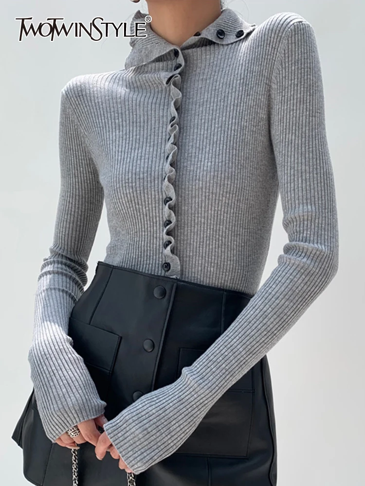 

TWOTWINSTYLE Solid Patchwork Single Breasted Knitting Sweaters For Women Lapel Long Sleeve Slimming Sexy Sweater Female Fashion