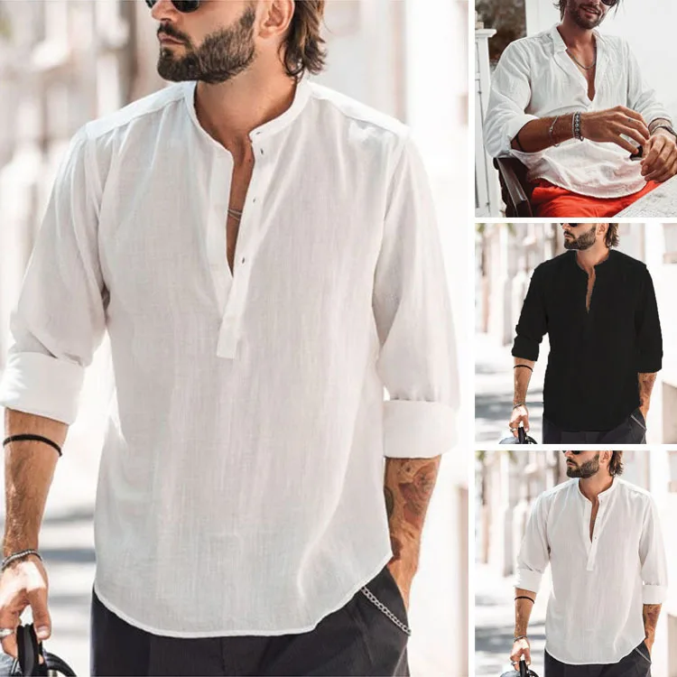 Mattswag Solid Cotton V Neck Long Sleeve Shirts For Men Stand Collar Fashion Simple Men's Clothing Casual Handsome Camisa Hombre