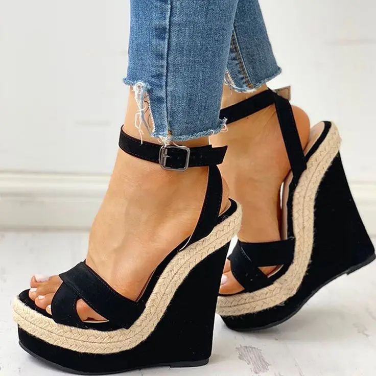 

EAGSITY 2023 New design bohemian 16cm heel wedges platform peep toe sandals ankle strap high heel comfort casual shoes pumps
