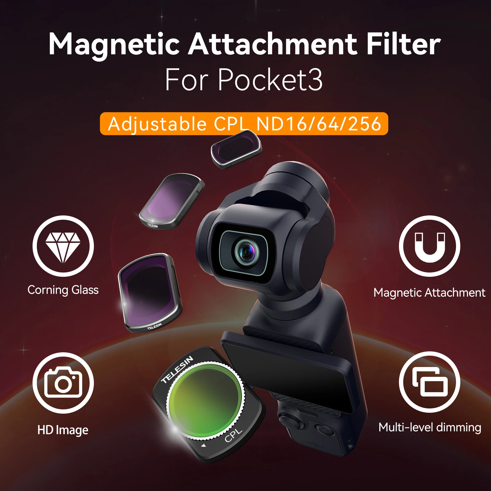 Набор фильтров TELESIN CPL ND16 ND64 ND256 для объектива DJI Pocket3 ND