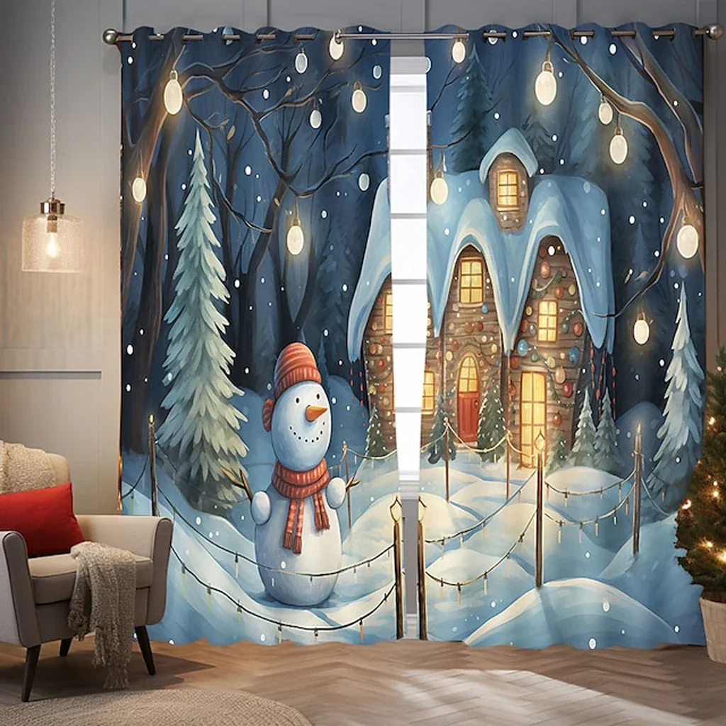 Dreamy Winter Landscape Curtains Christmas Snow Deer Print Drapes Holiday Living Room Bedroom Decor 2 Panels Set
