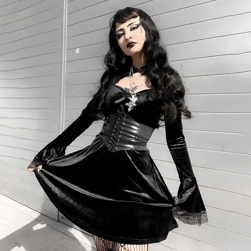 

Goth Women's Solid Long Sleeve High Waist A Line Flowy Velvet Dress Hollow Out Lace Emo Grunge Halloween A-Line Dresses