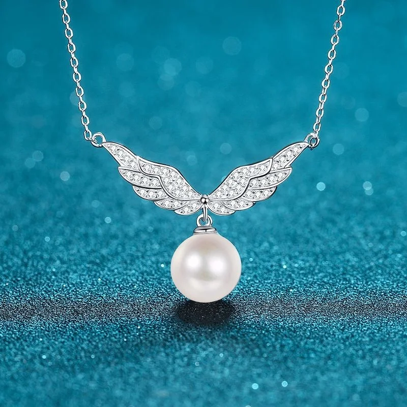 

100% Real Xdy925 Sterling Silver Collar Chain Women's 10mm Flawless Pearl Angel Wings Moissanite Diamond Necklace