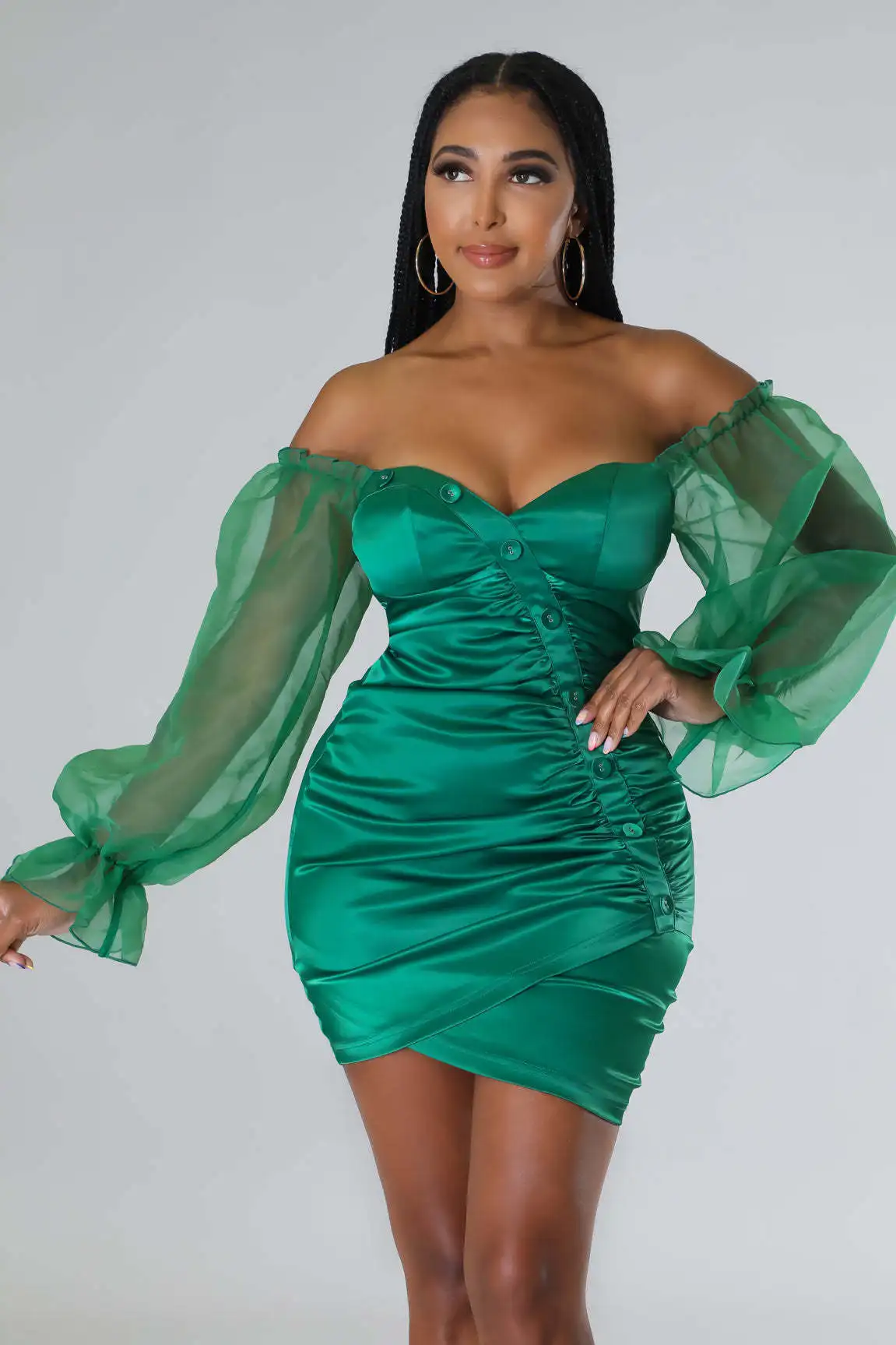 

Autumn Sexy Off Shoulder Satin Slim Party Dress Women Fashion Solid Mesh Puff Sleeve Pleated Mini Dress Women