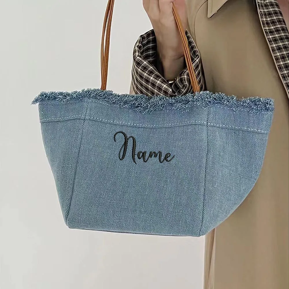 Personalized Embroidery New Niche Minimalist Large Capacity Denim Canvas Portable Bucket Bag, Fashionable Versatile Vegetable Ba