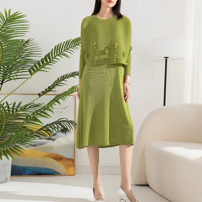 Женский плиссированный комплект из топа с круглым вырезом и рукавами летучая