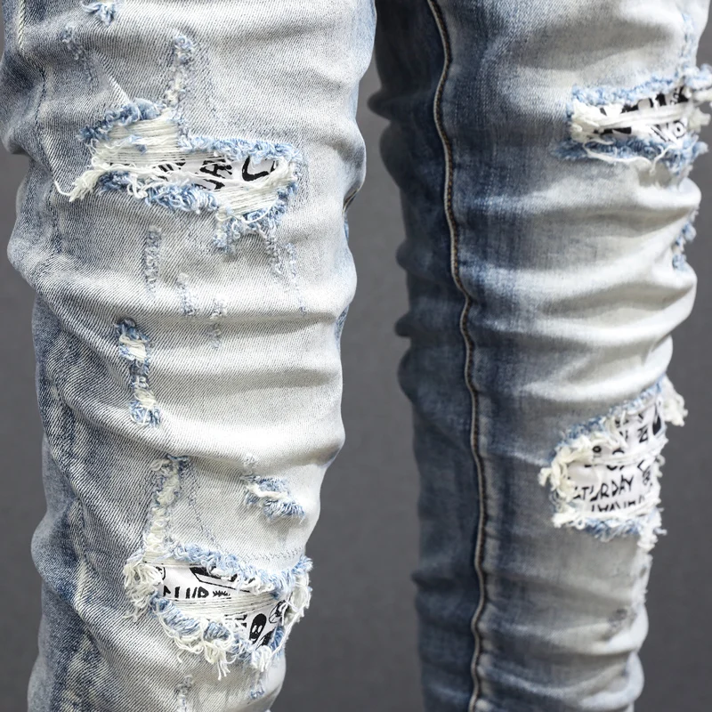 High Street Fashion Men Jeans Retro Light Gray Blue Elastic Skinny Ripped Jeans Men Patched Designer Hip Hop Brand Pants Hombre