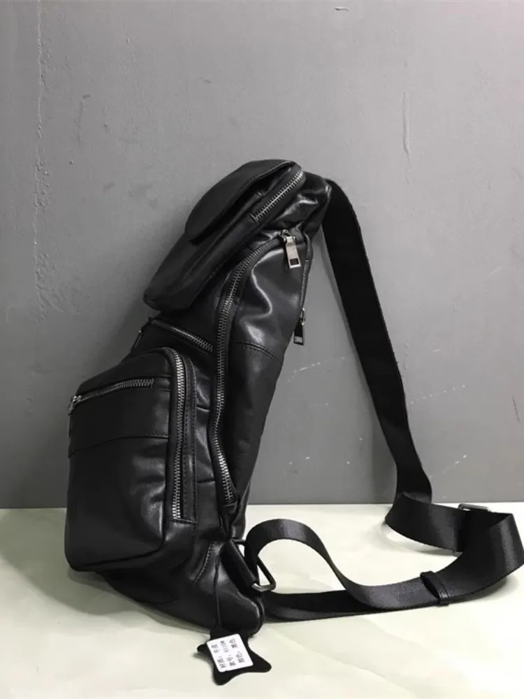 Сумка унисекс из натуральной кожи черная нагрудная сумка с несколькими