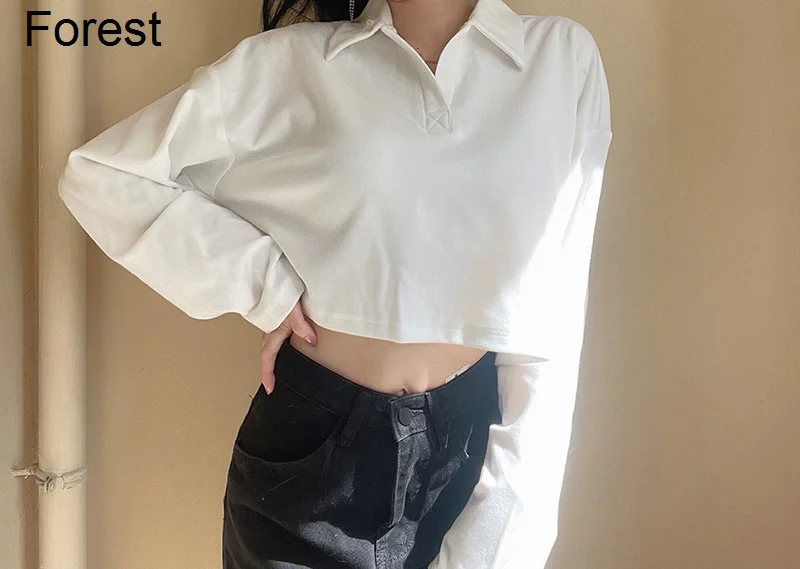 

Women Polo T-shirt Korean College Style Color Simple Loose Polo Collar Long Sleeve Basic Sweater Forest