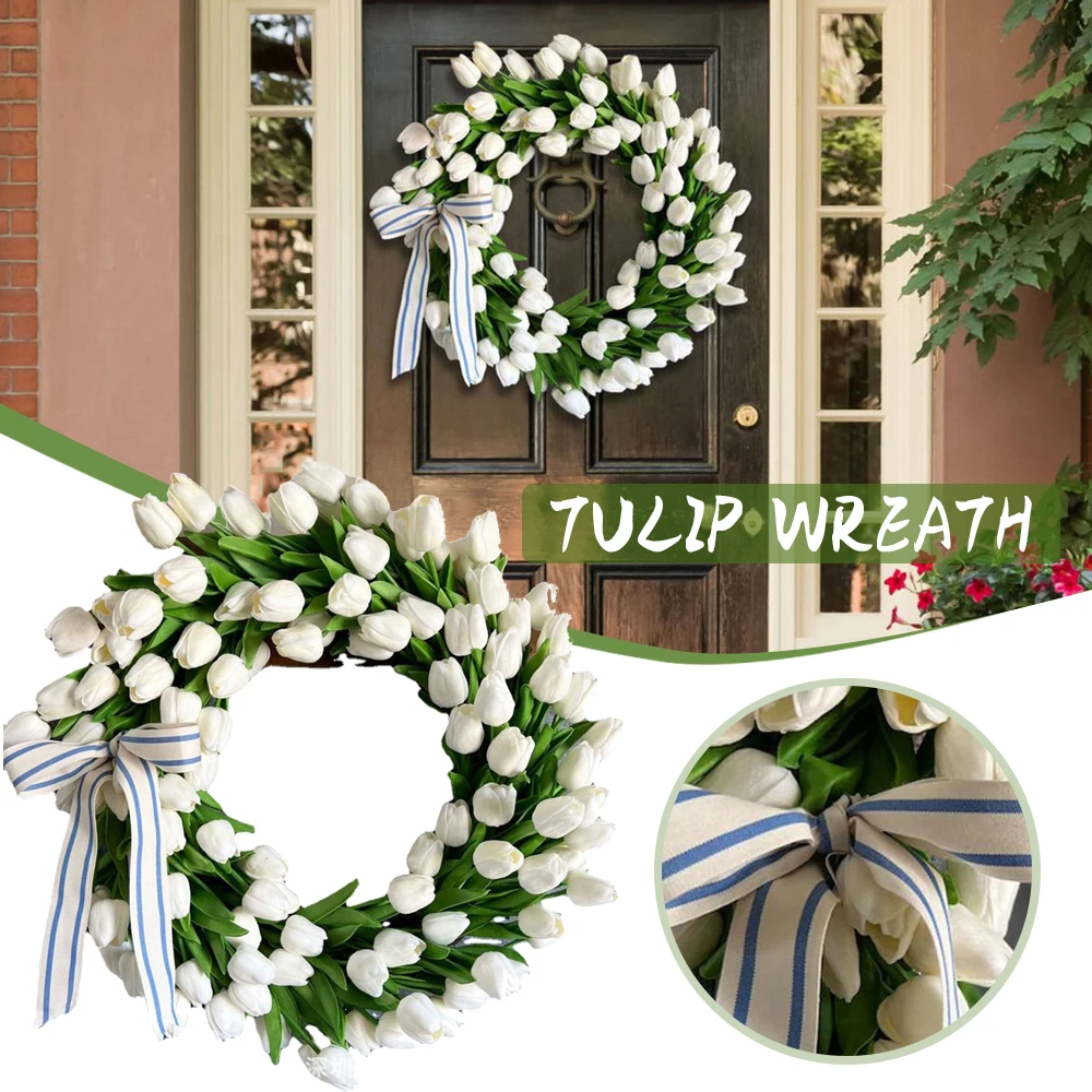 

Spring Wreath Door Decor with Bow Simulation Tulip Seasonal Garland Ornament Artificial Plants Welcome Sign Dropship