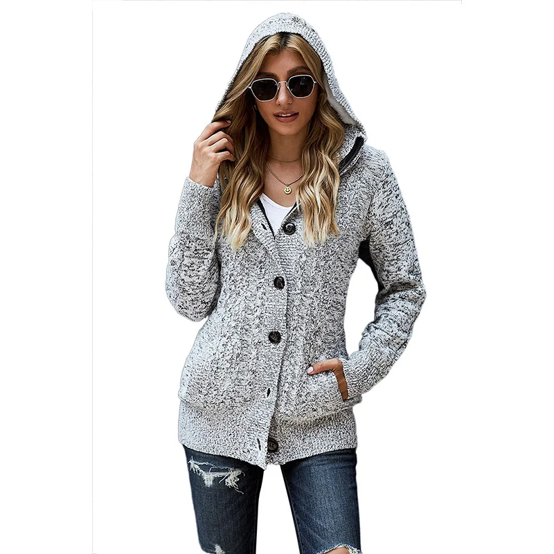 

CYDNEE Fall Winter Sweater Women's Single-breasted Button Cardigan Loose Women Hooded Plus Fleece Blue Sweater Coat