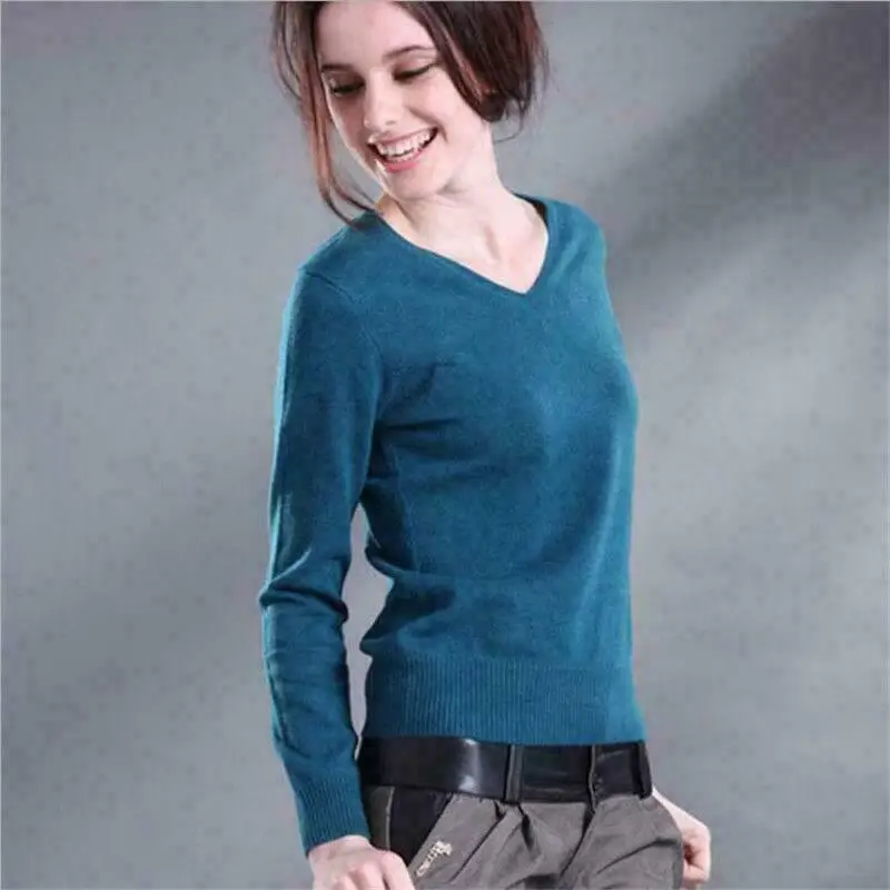 

Womens Solid V-neck Cashmere Sweater Short Warm Pullover Slim Knitted Top S25