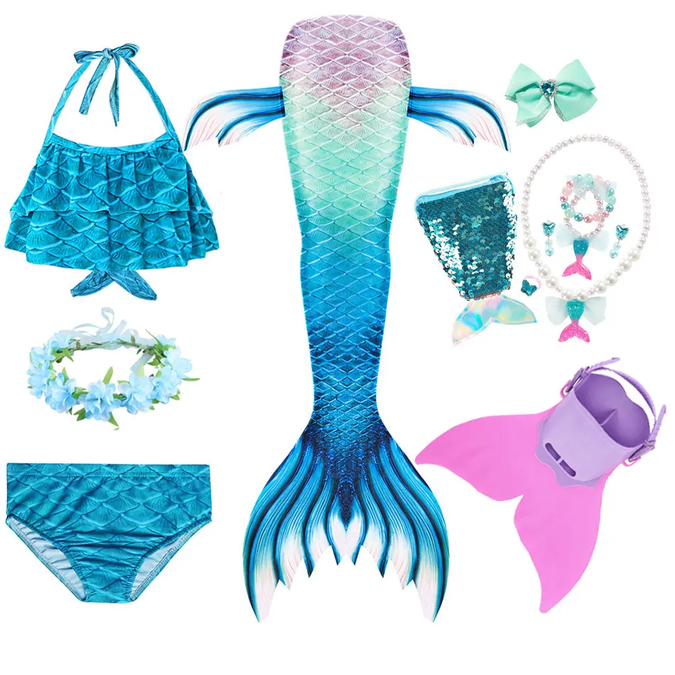 Kids Girls Mermaid Swimming Fantasy Tail Costume Cosplay Children Swimsuit Beach Bikini Can Add Monofin Fin Bathing Suit |