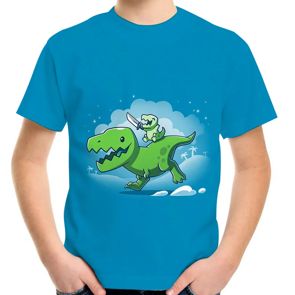 Голубая футболка с мультипликационным динозавром и метеоритом для мальчиков