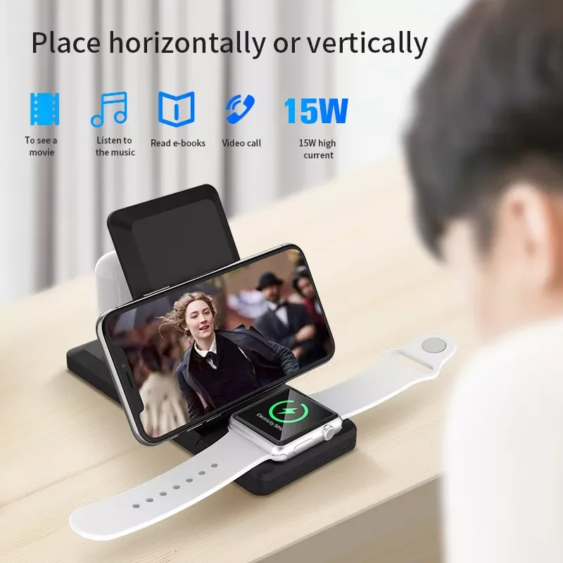

Qi Fast Wireless Charger For iPhone 3 in 1 Foldable Charging Dock Station For Apple Watch 5 4 3 Phone Charger For Huaweii