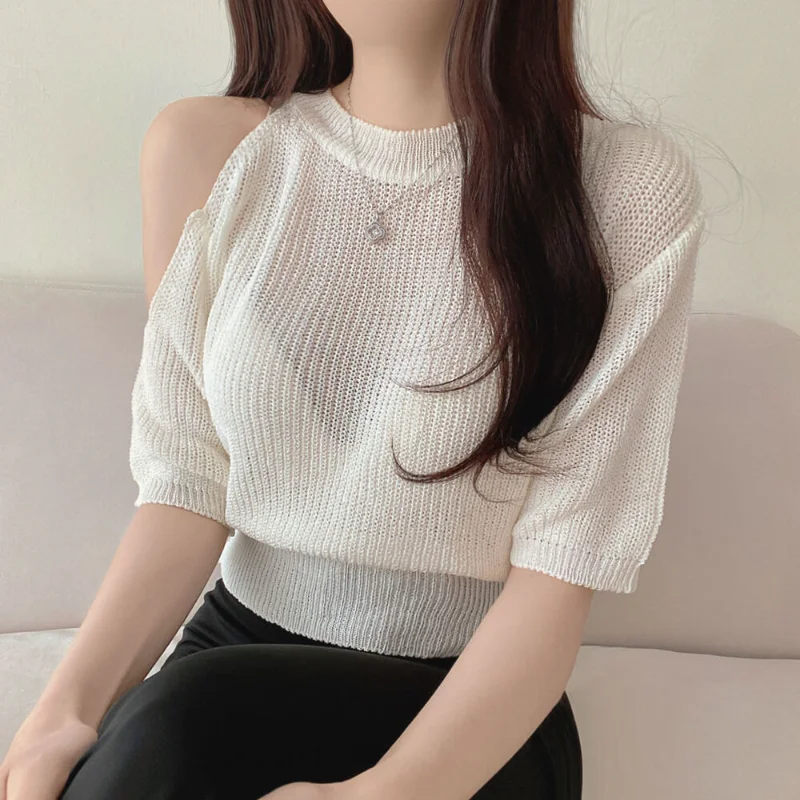 

2023 Summer Korean Short-sleeve Knitted T-shirt Solid Ice Silk Top Women Thin Tops White Casual T-shirt Top Elegant Blusas 27290