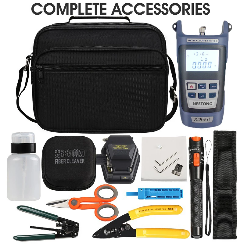 16pcs/set Fiber Optic Tool Kit with SKL-6C Fiber Cleaver and -70+10dBm/-50+26dBm Optical Power Meter 10MW Visual Fault Locator