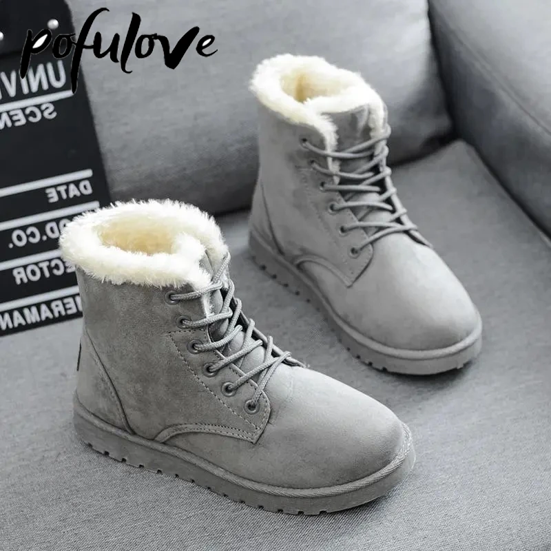 

Pofulove Winter Boots Black Grey Red Shoes for Women Ankle Boots Lace Up Snow Booties Woman Suede Flat Shoes Fashion Botas