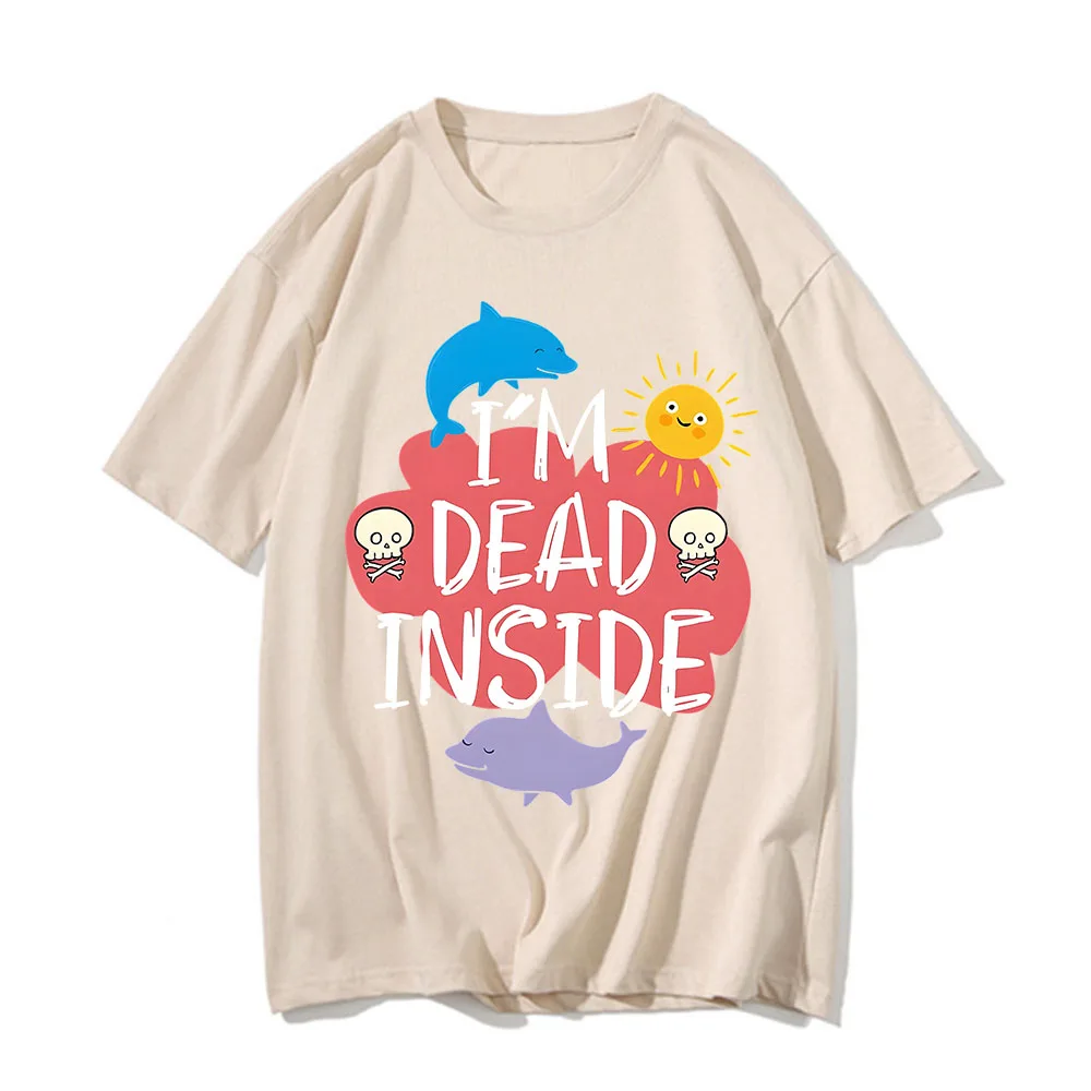 

I'm Dead Inside Dolphin T-shirt Men Letter Printed Solid Color Round Neck Tops Couples Summer Loose Casual Short-sleeved Clothes