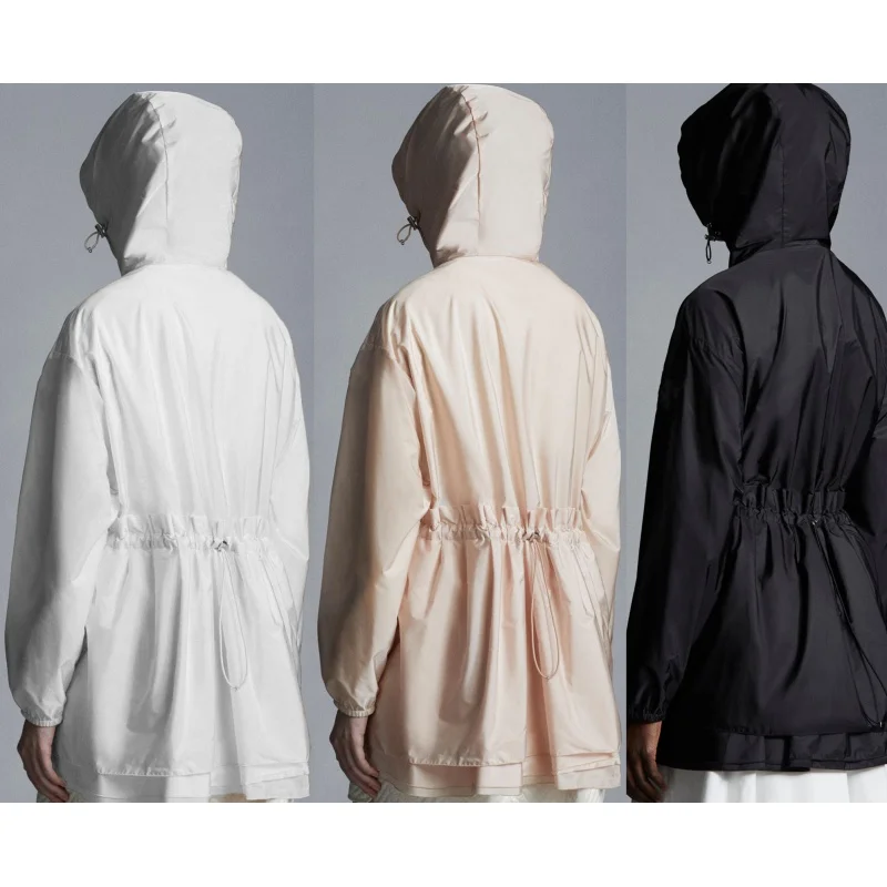 

spring and summer new women's jacket fashion waist hooded sunscreen slim solid color trench coat women