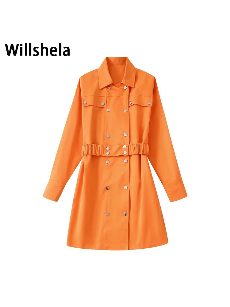 

Willshela Women Fashion Solid Double Breasted Trench Coat Vintage Long Sleeves Lapel Neck Windbreaker Female Outfit
