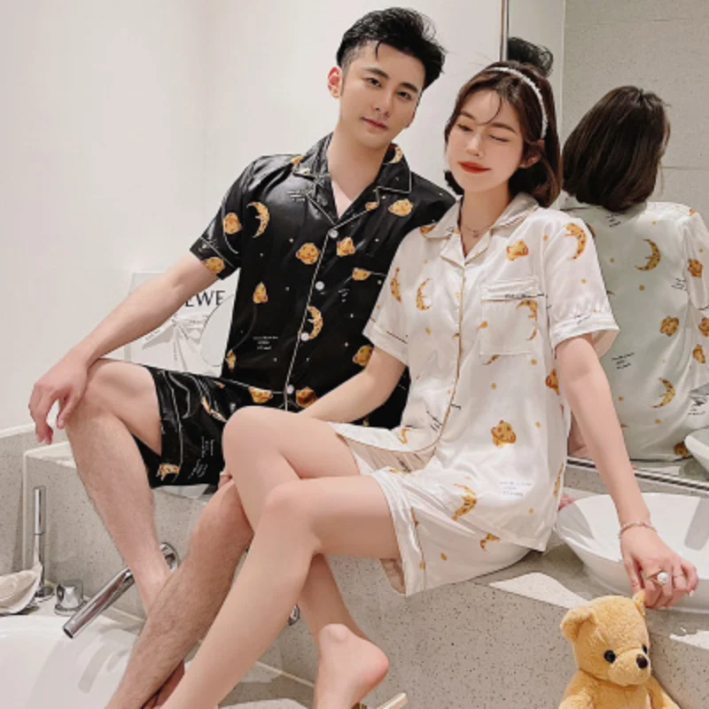 Couple pajama women's summer ice silk short sleeve shorts imitation silk two-piece men's suit homewear