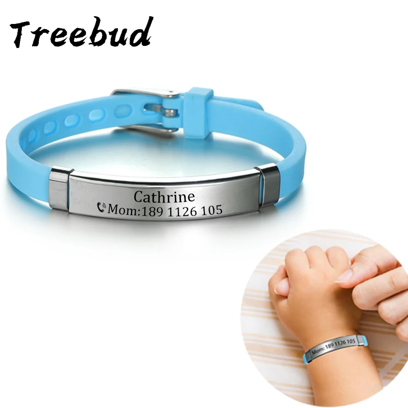 Treebud Custom Engrave Name ID Phone Number Anti Lost Bracelets For Kids Adults Stainless Steel Silicone Bracelet Jewelry Gifts