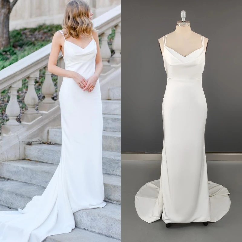 

#10578 REAL PHOTOS Simple Stapghetti Straps V-neck Wedding Dress Elegant Backless Button Zipper Sweep Train Stain Bridal Gown