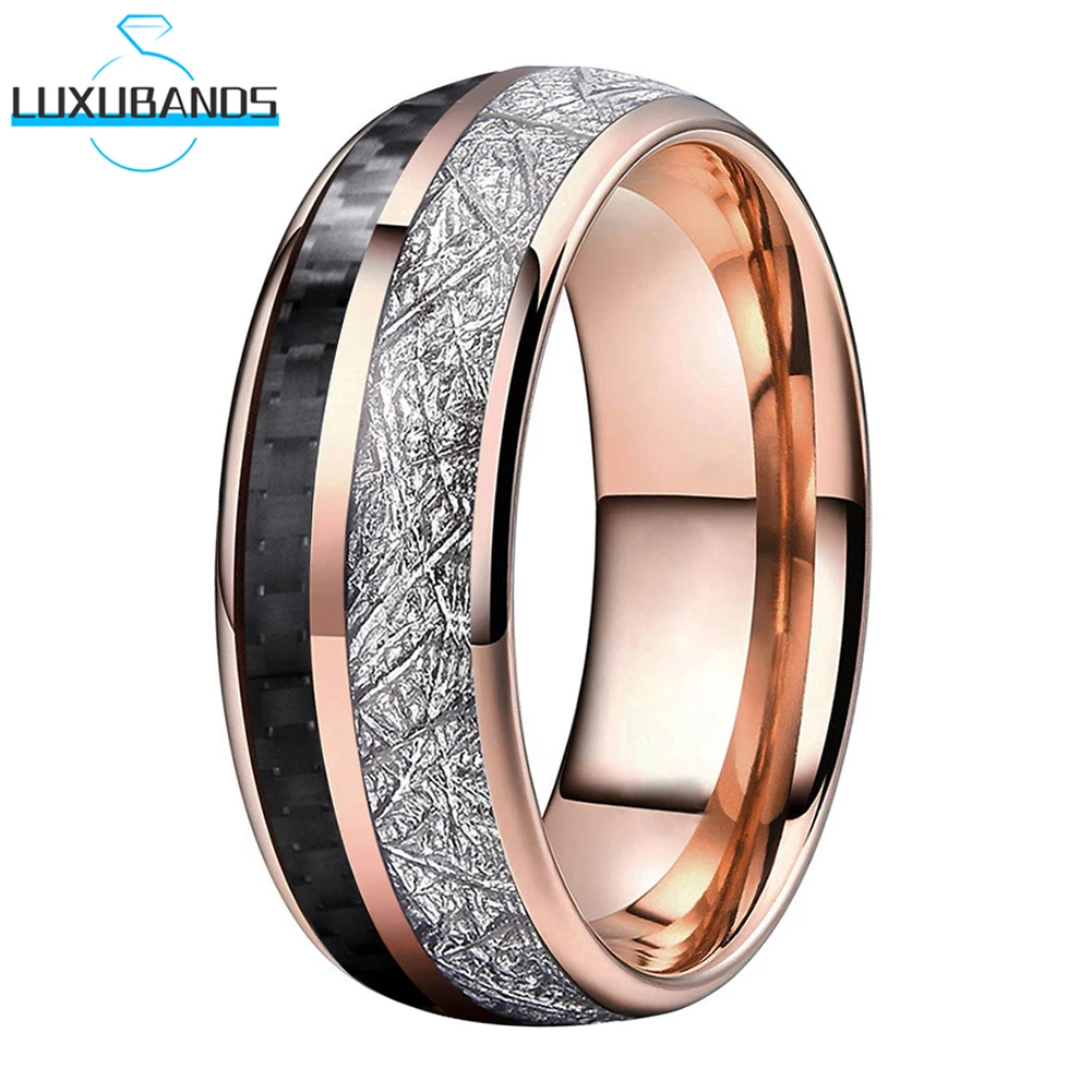 

Rose Gold Womens Mens Tungsten Carbide Wedding Ring 8mm Black Carbon-Fiber Meteorite Inlay Polished Finish Fashion Comfort Fit