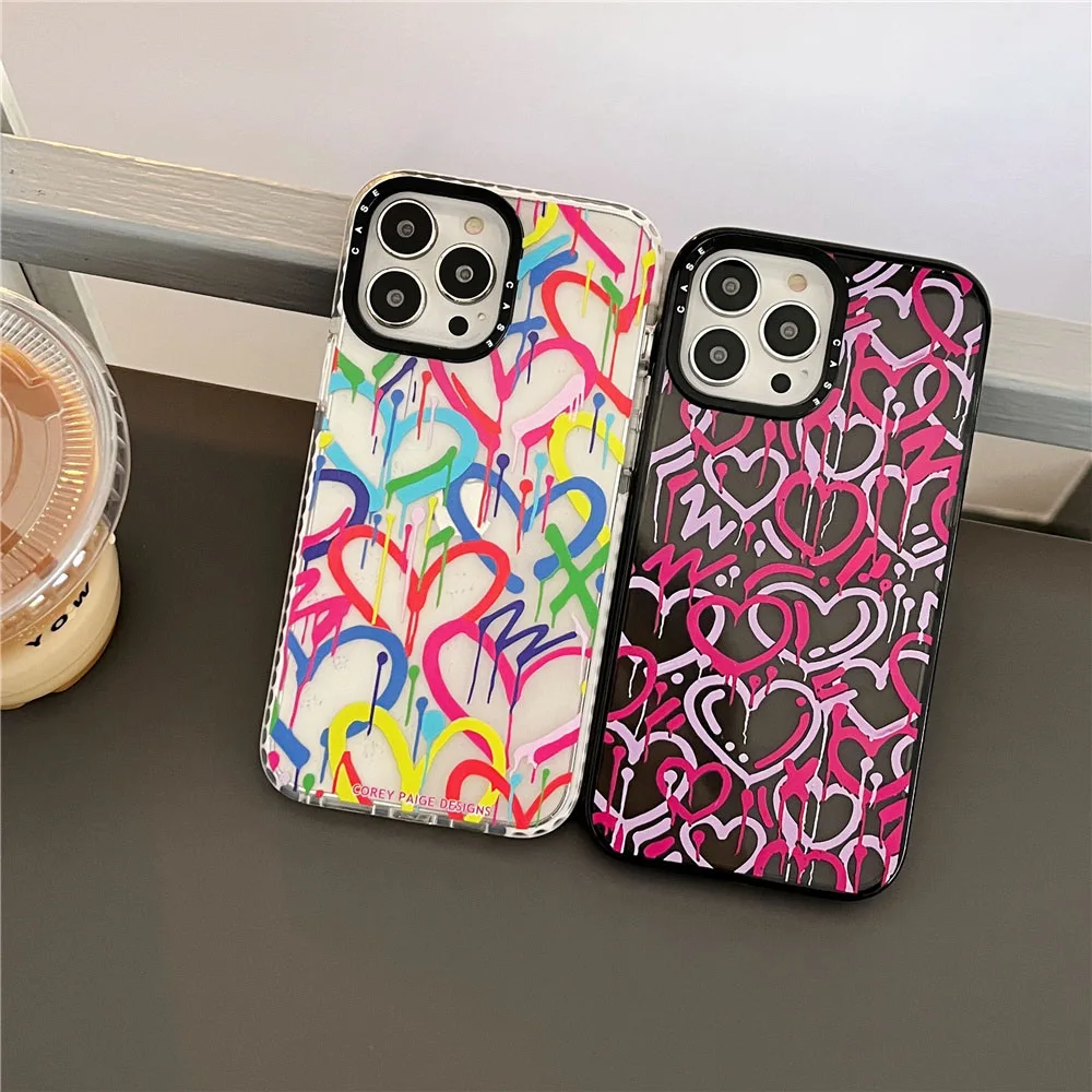 

Cartoon love heart Transparent Graffiti Phone Case For iPhone 11 12 13 Pro Max 13 Mini X XS XR 7 8 Plus Cute Soft Back Cover