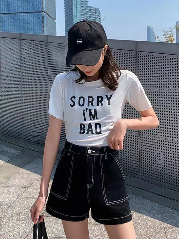 New Spring Summer Women High Waist Loose Black Denim Shorts Streetwear Female Wide Leg Retro Jeans Shorts Bottoms