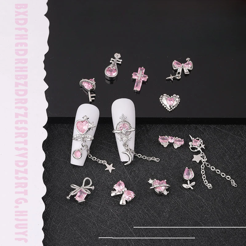 

5Pcs Pink Nail Charms Luxury Zircon Diamond Inlaid 3D Bow Heart Butterfly Manicure Accessories nail rhinestones