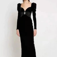 Women Black Velvet Maxi Dress Puff Sleeve Diamond Beaded Waist Party Wear Sweetheart Neck Long Dress