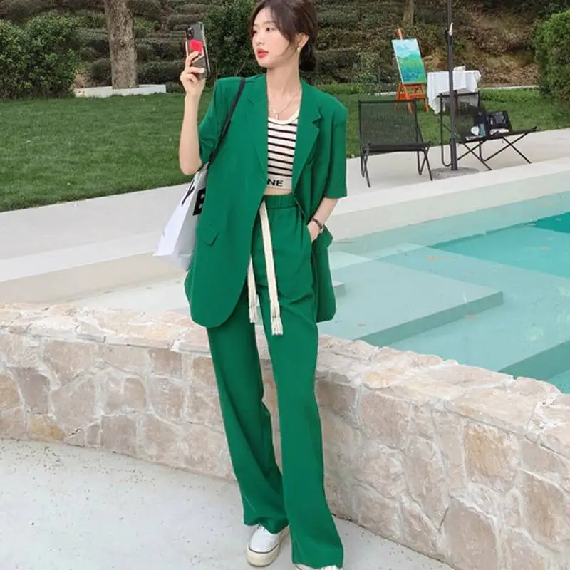 

2022 Summer 2 Piece Set Women Suit Jacket Tops + High Waist Long Pants Casual Work Women's Suit Pants