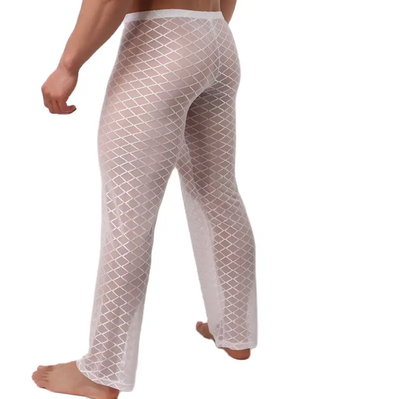 CLEVER-MENMODE Mesh Pajamas Set Men Sleepwear Sexy Fishnet Long Sleeve Erotic Grid Singlet T Shirt Thin Tops Undershirt Pants