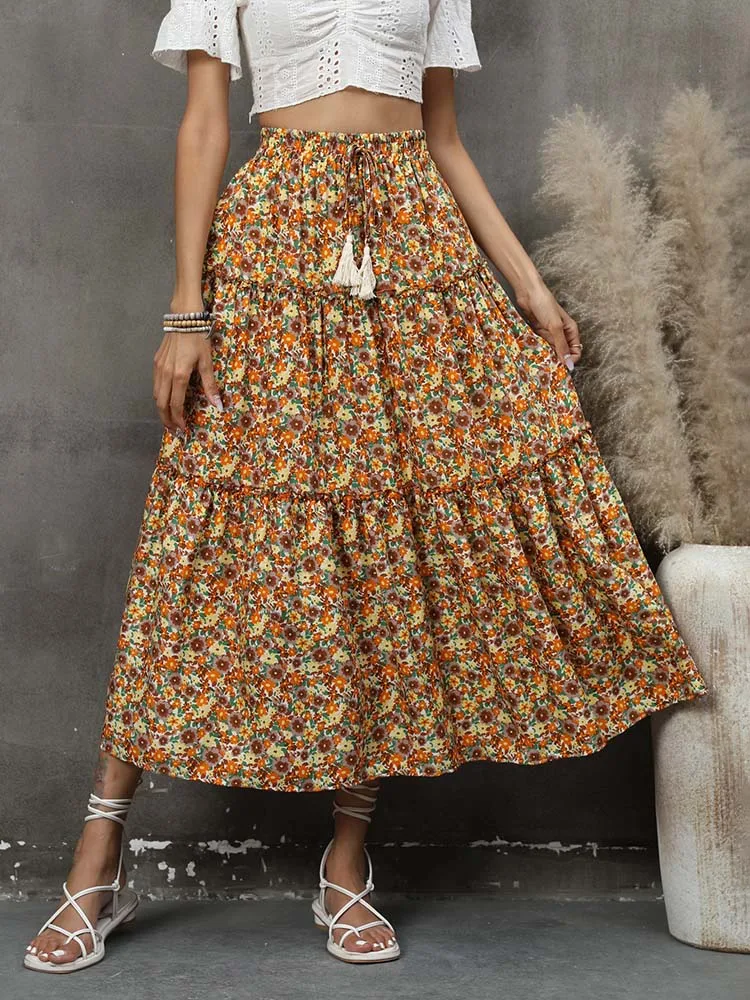 

Jastie 2023 Spring Summer Bohemian Vocation Print Skirt Elegant Floral Long Skirt Women High Waist Big Swing Wood Ears Skirts