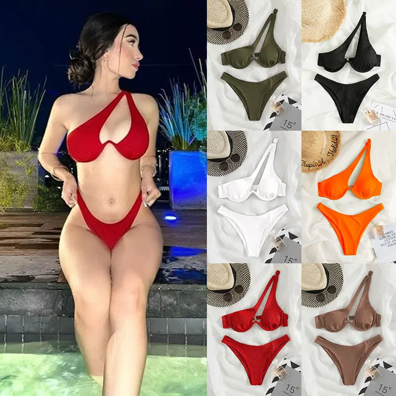

Корейский соблазнительный купальник в стиле Instagram 2023, популярный раздельный купальник разных цветов из стали с одним открытым плечом