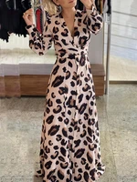 women fashion sexy deep v party dress ball gown formal dress leopard print button design long sleeve maxi dress